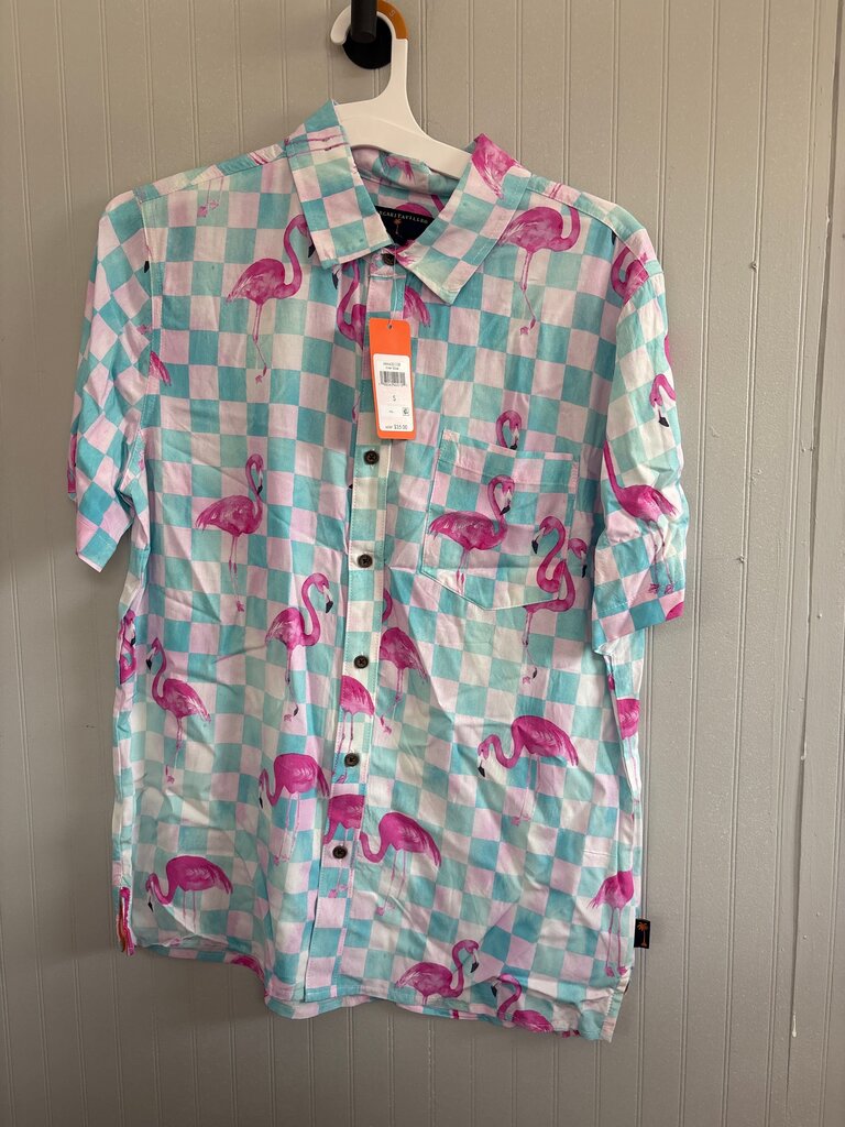 Men's Flamingo Print Short Sleeve Button-Up Shirt
