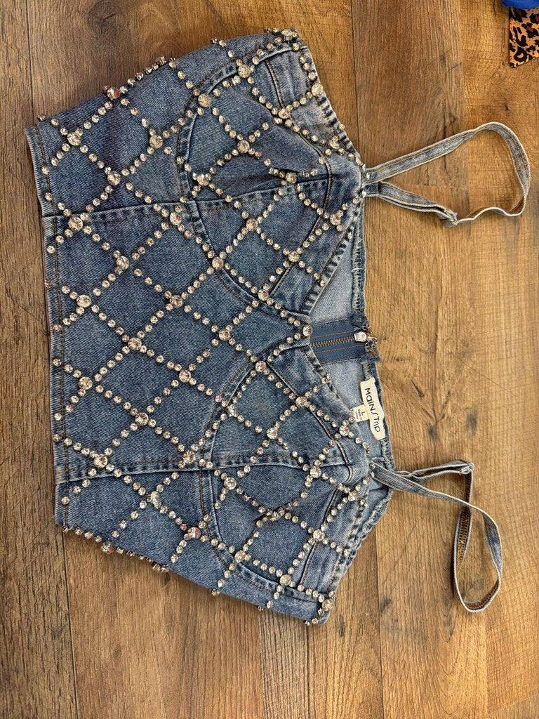 MainStrip Denim Crop Top with Rhinestones