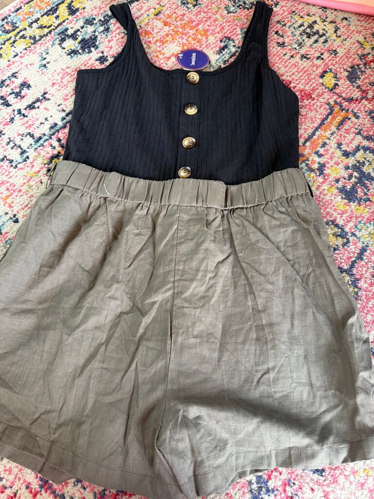 Women's Black and Olive Green Button-Up Romper