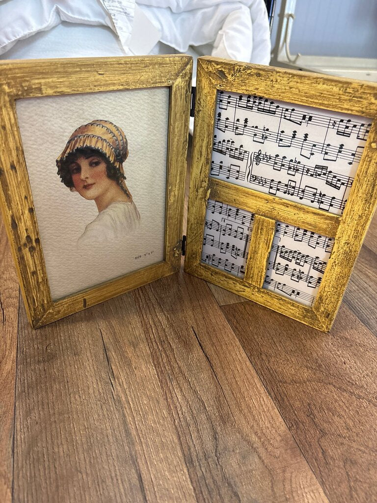Gold Double Photo Frame with Vintage Artwork