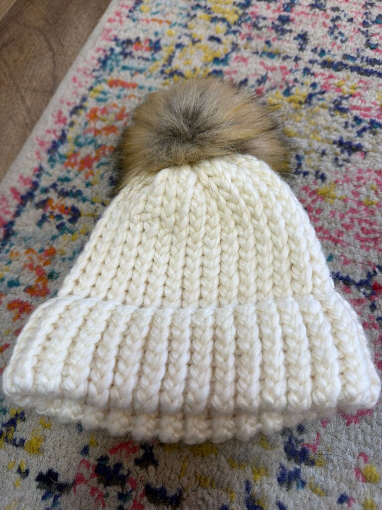 Cream Knit Beanie with Faux Fur Pom