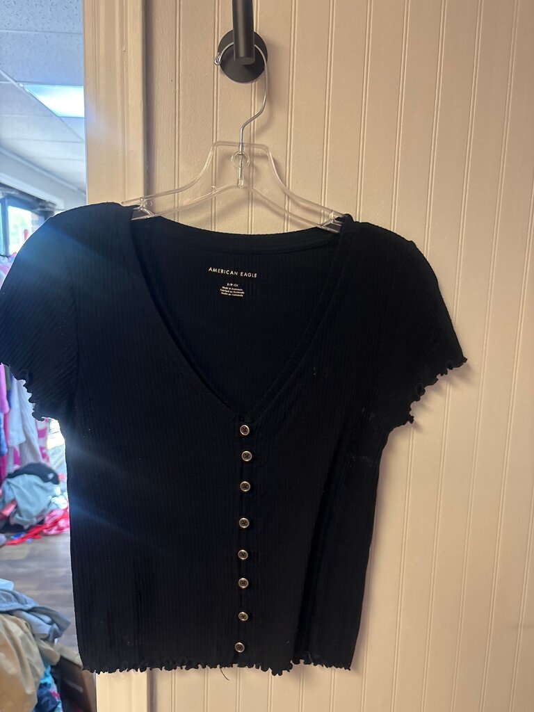 American Eagle Black Ribbed Button-Up Top
