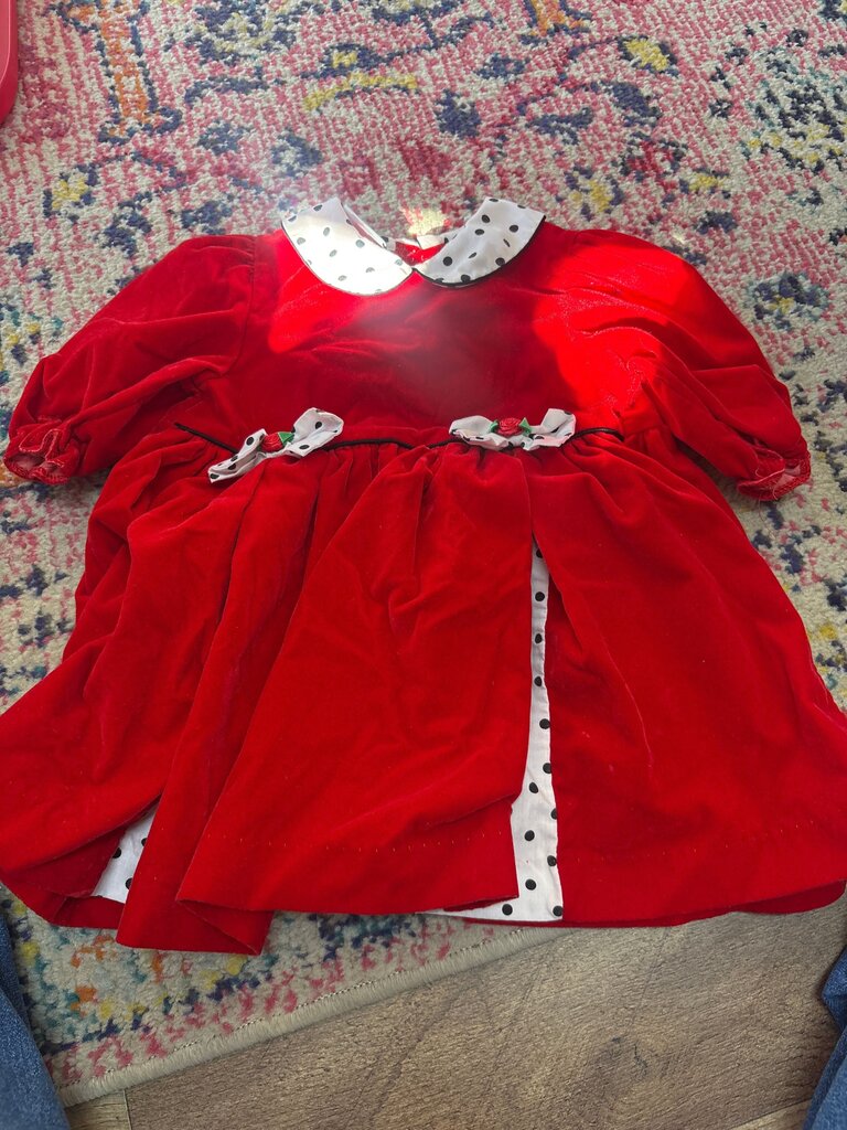 Red Velvet Dress with Polka Dot Collar