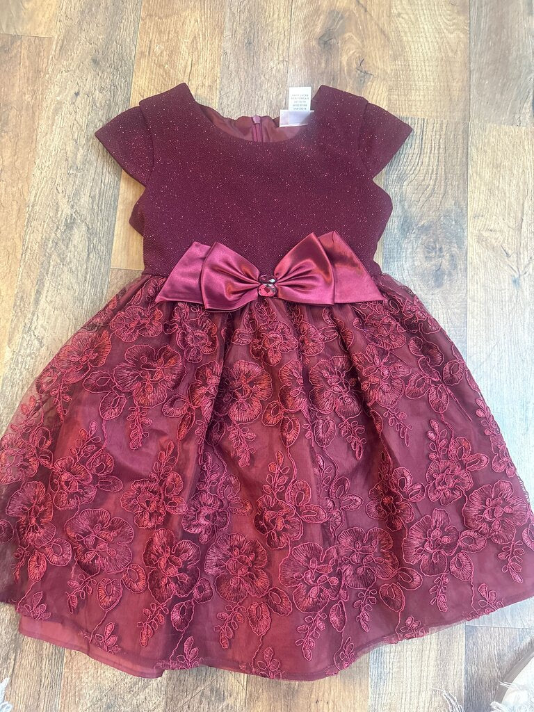 Youngland Girls' Burgundy Dress with Bow and Embroidery