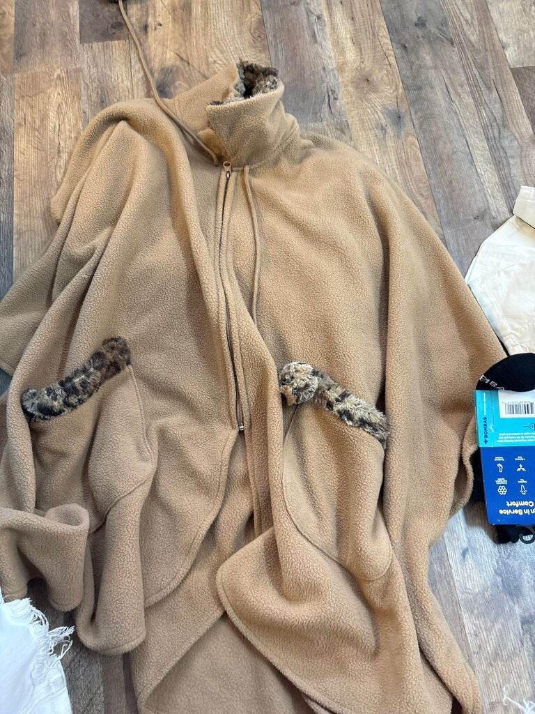 Fleece Zip-Up Poncho with Leopard Print Accents