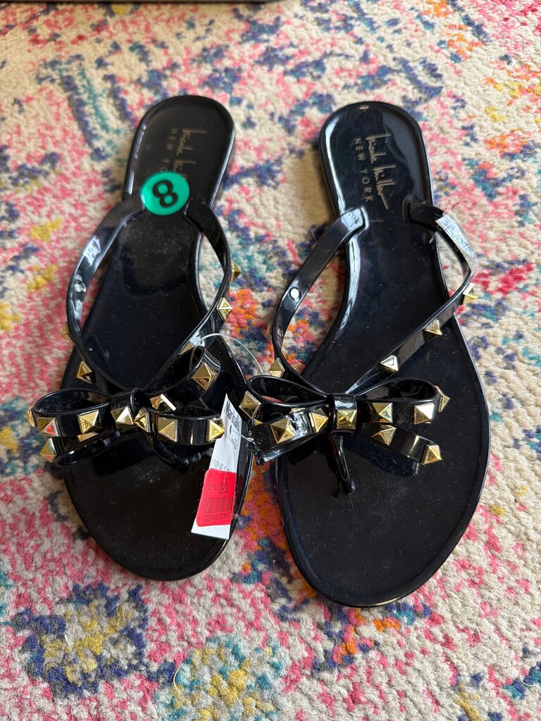 Black Flip Flop Sandals with Studded Bow