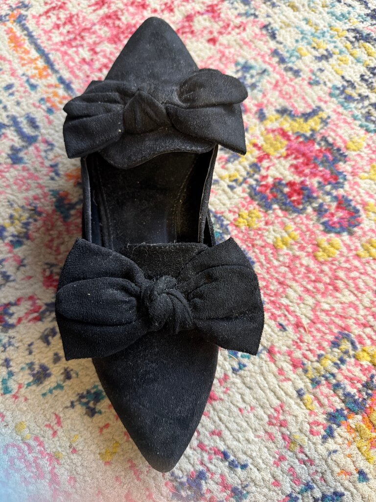 Black Suede Pointed Toe Flats with Bow