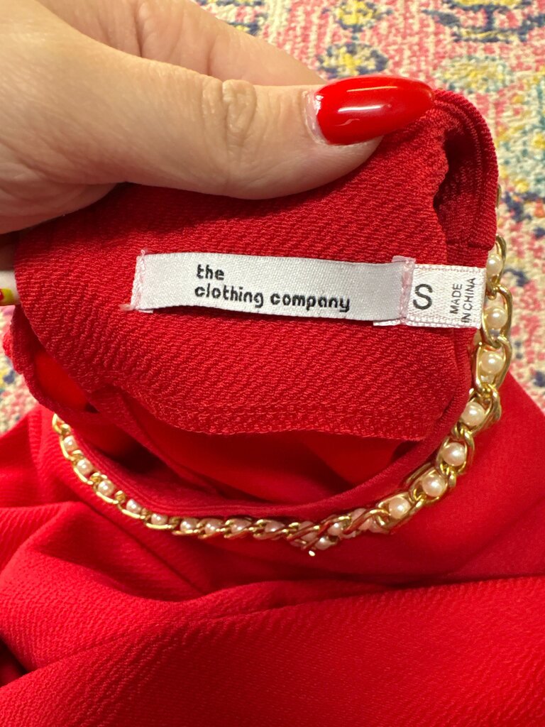 Red Peplum Dress with Gold Chain Neckline