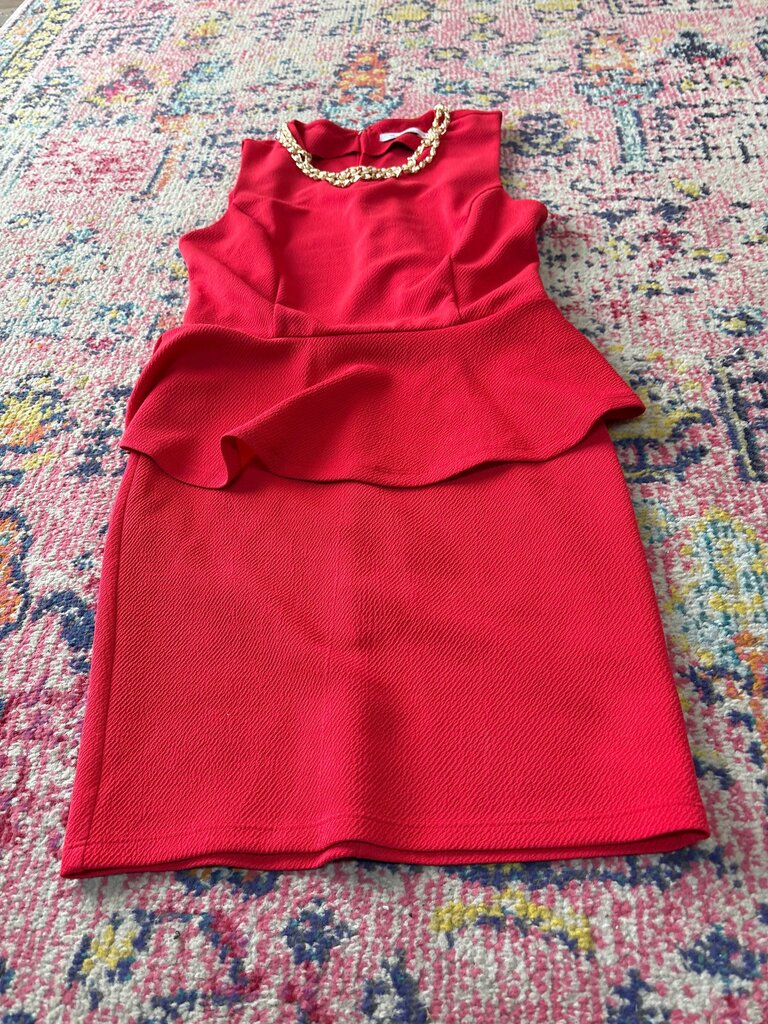 Red Peplum Dress with Gold Chain Neckline