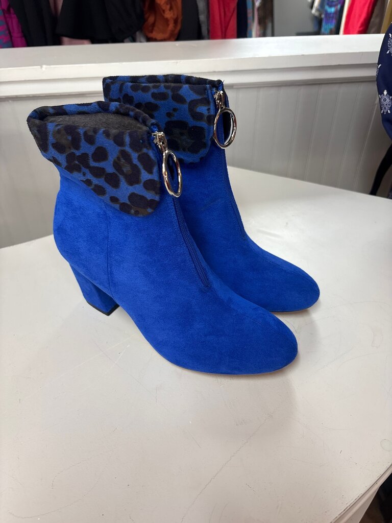 Blue Ankle Booties with Leopard Print Cuff