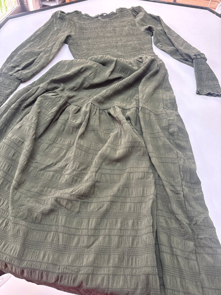 Women's Smocked Long Sleeve Dress in Olive Green