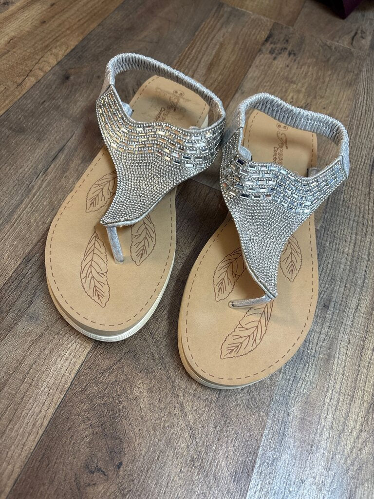 Silver Rhinestone T-Strap Sandals