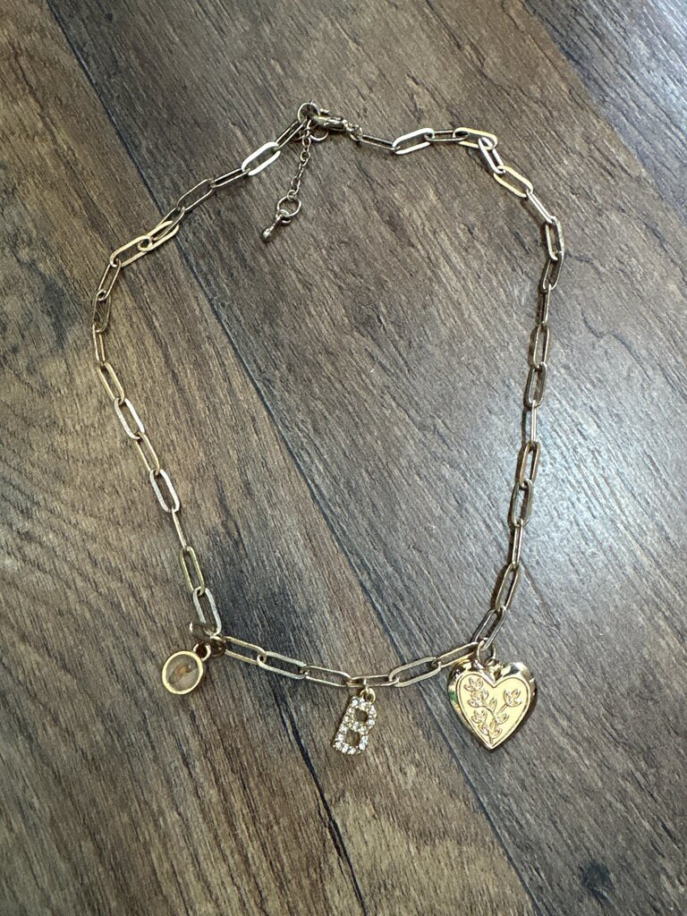 Gold Chain Necklace with Heart and Initial Charms
