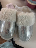 Women's Silver Sequined Slippers with Fur Trim