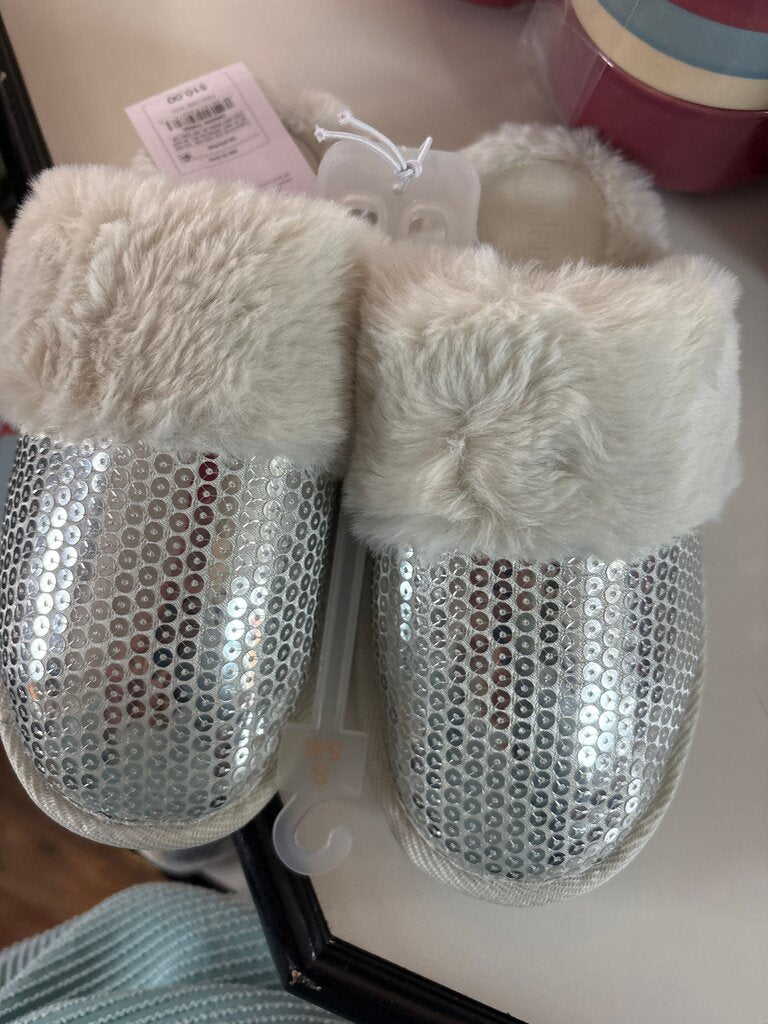 Women's Silver Sequined Slippers with Fur Trim