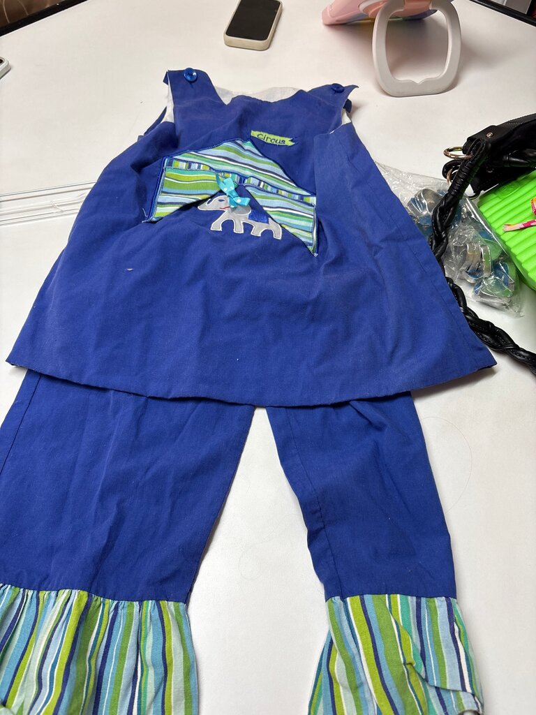 Circus-Themed Blue Overalls with Striped Trim