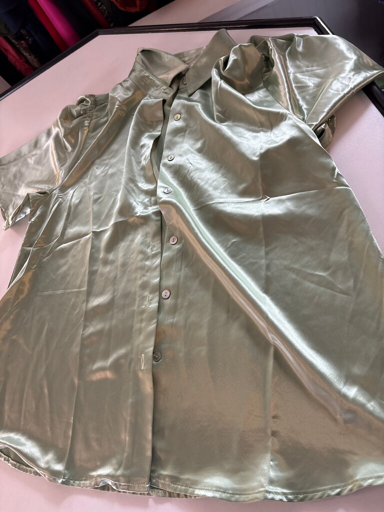 JODIFL Green Satin Button-Up Shirt