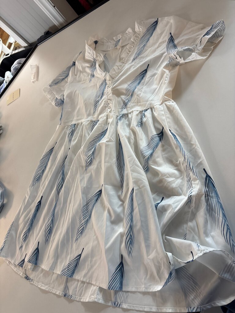 White Dress with Blue Leaf Print