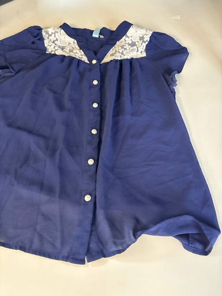Navy Blue Button-Up Blouse with Lace Detail