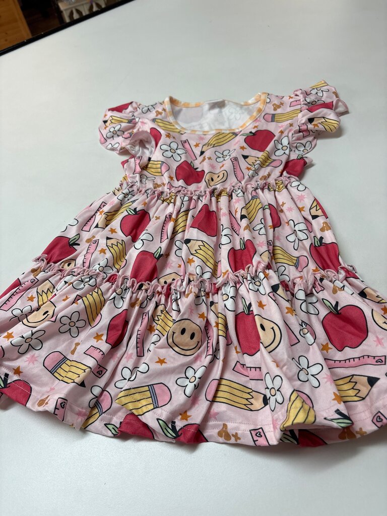 Girls' Pink Graphic Dress with Flowers and Pencils