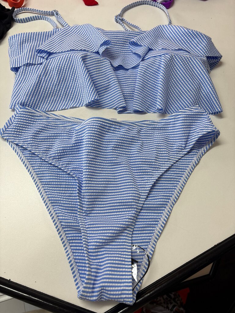 Blue Striped Ruffle Bikini Set