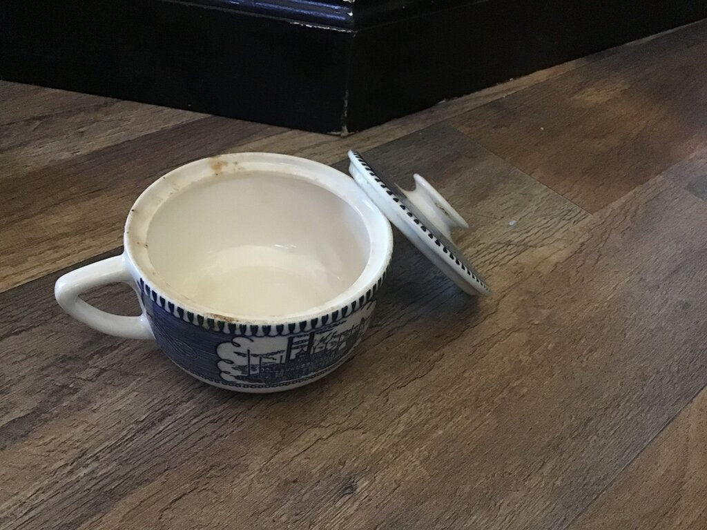 Vintage Blue and White Ceramic Bowl with Lid