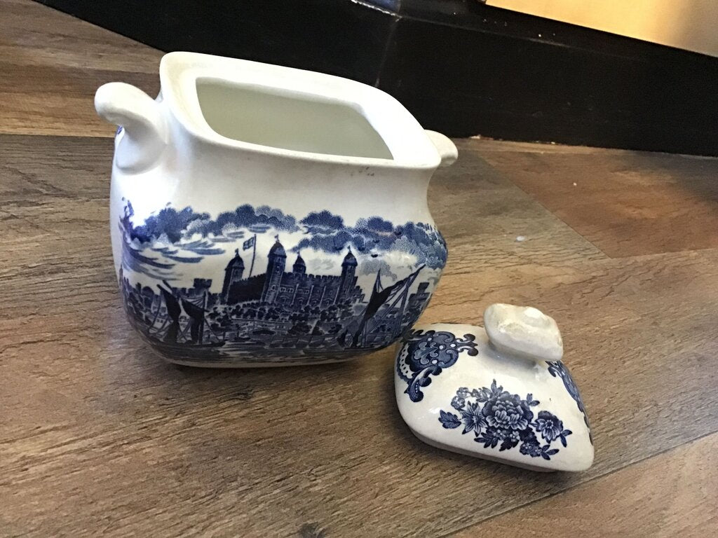 Vintage Blue and White Ceramic Sugar Bowl