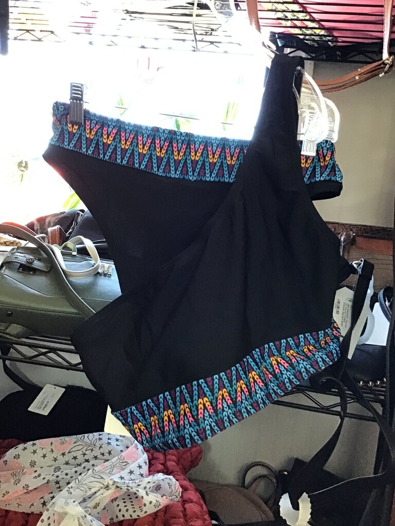 Women's Black Swimsuit with Colorful Pattern