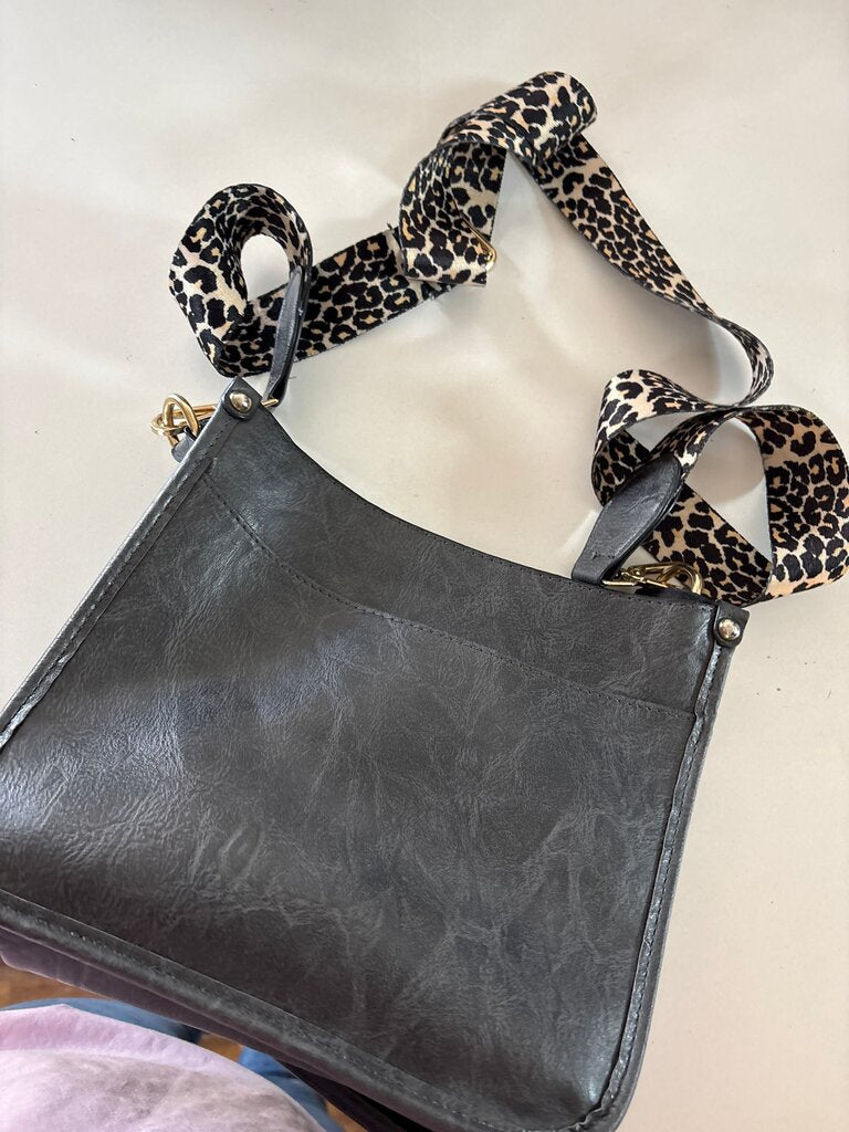 Stylish Gray Handbag with Leopard Print Strap