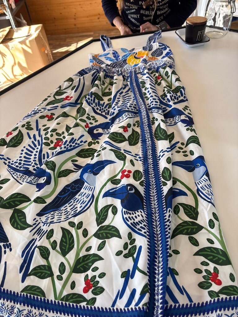 Blue Bird Print Summer Dress