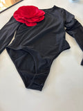 Black Long Sleeve Bodysuit with Red Flower Detail