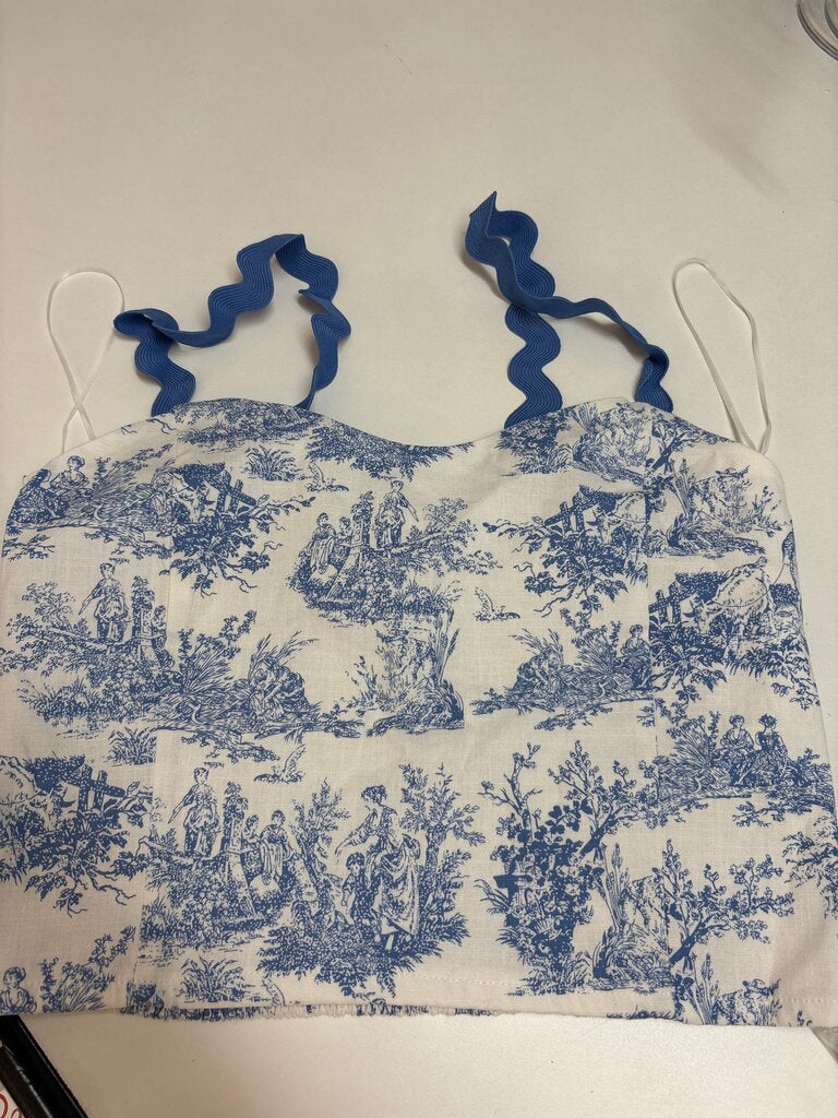 Blue Printed Crop Top with Ruffled Straps