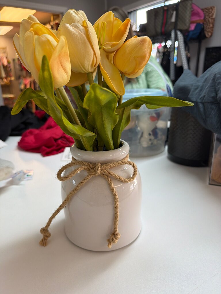 Artificial Yellow Tulip Bouquet in White Ceramic Vase