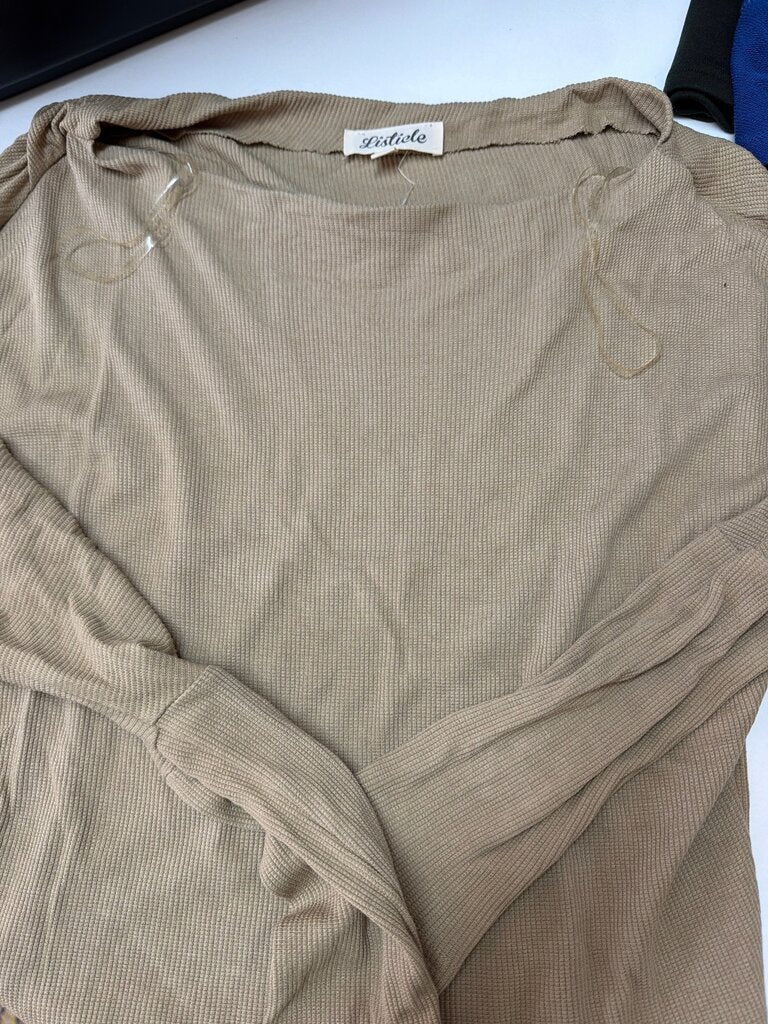 Listicle Beige Ribbed Long Sleeve Top