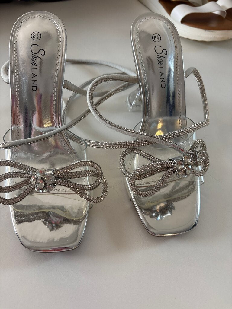 Silver High Heel Sandals with Bow