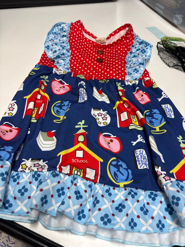 Honeydew Girls' Dress with Polka Dots and School Theme