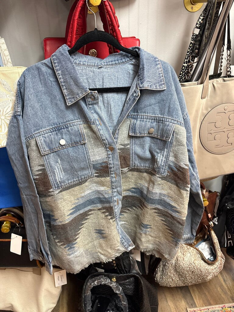Denim Button-Up Shirt with Aztec Print