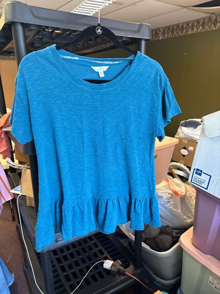 TIME AND TRU Women's Teal Ruffle Hem T-Shirt