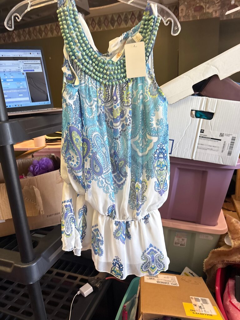 Girls' Blue Paisley Dress with Beaded Neckline