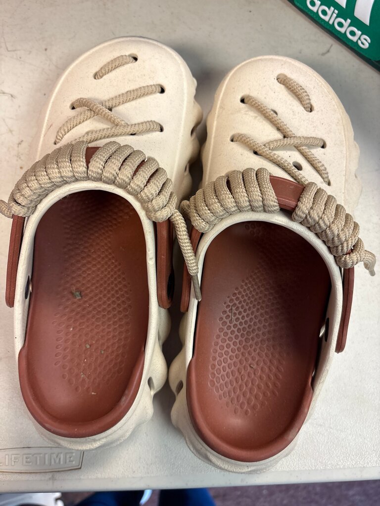Stylish Beige Crocs with Brown Rope Accents