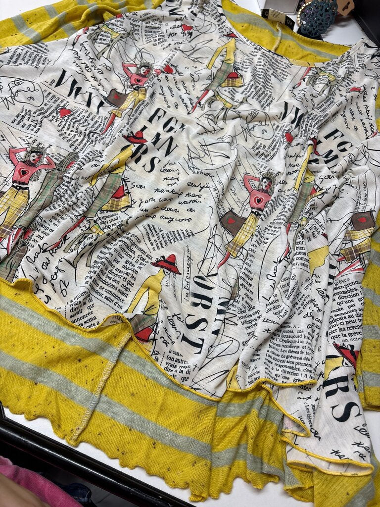 Vintage Graphic Print Blouse with Yellow Stripes