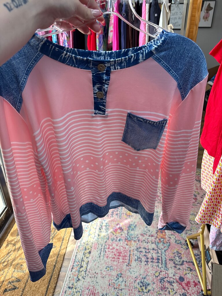 Women's Pink and Denim Striped Top
