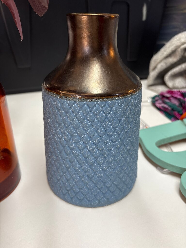 Decorative Blue Vase with Metallic Top