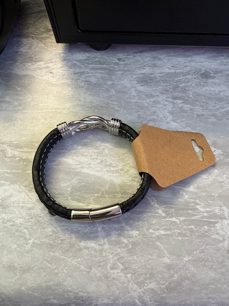 Silver and Black Braided Leather Bracelet