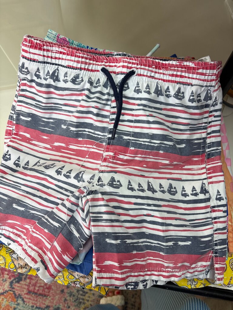 Striped Swim Trunks with Sailboat Pattern