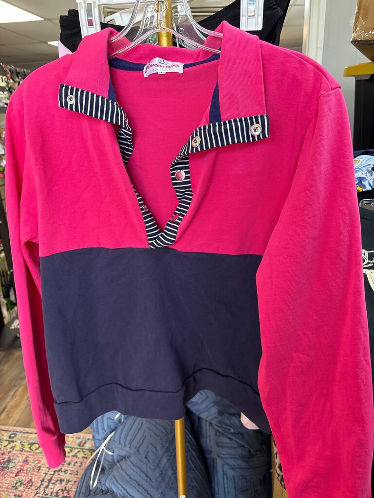 Pink and Navy Striped Collar Long Sleeve Top