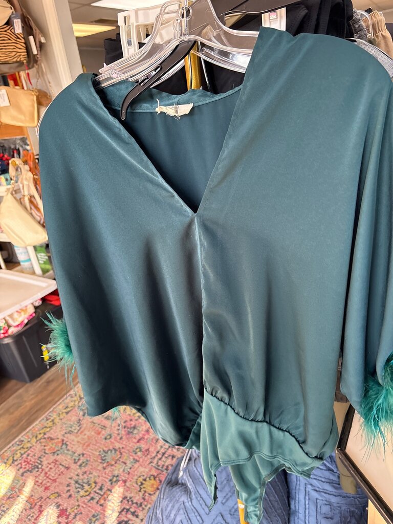 Green Satin Blouse with Puff Sleeves