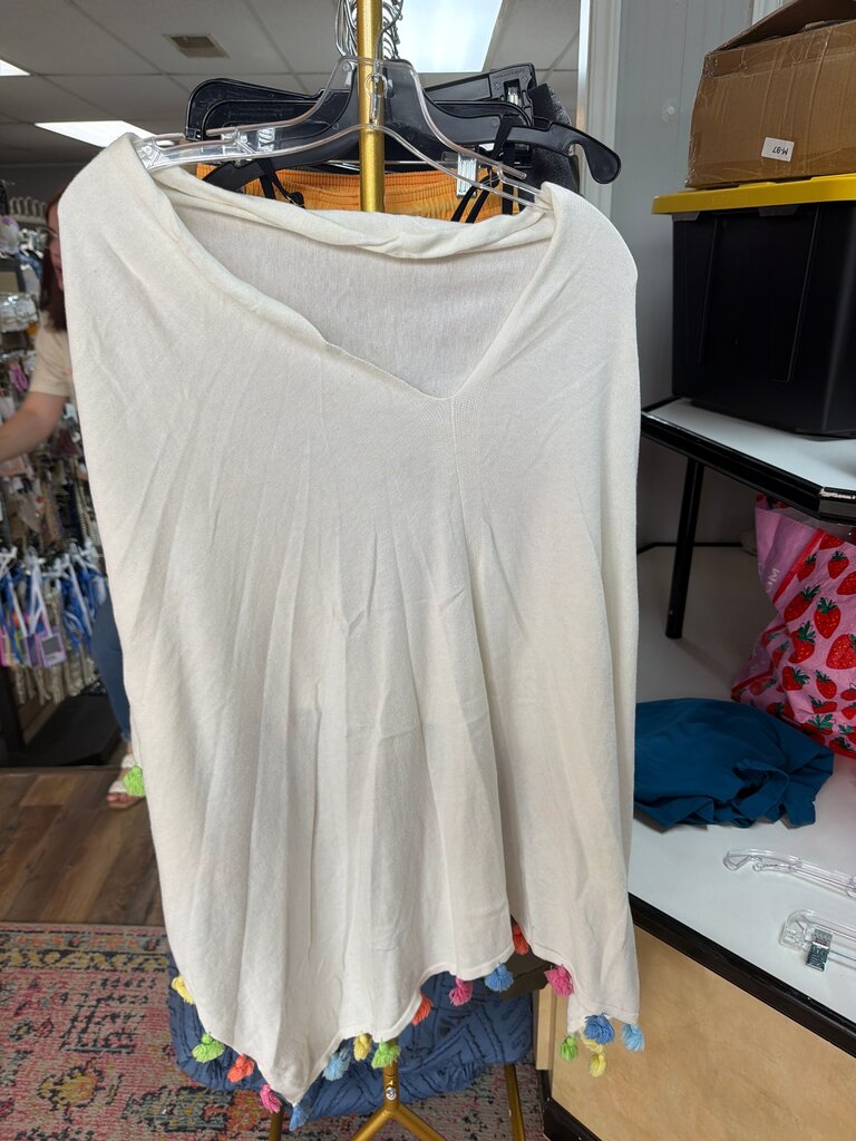 Caroline Grace White Knit Poncho with Colorful Tassels