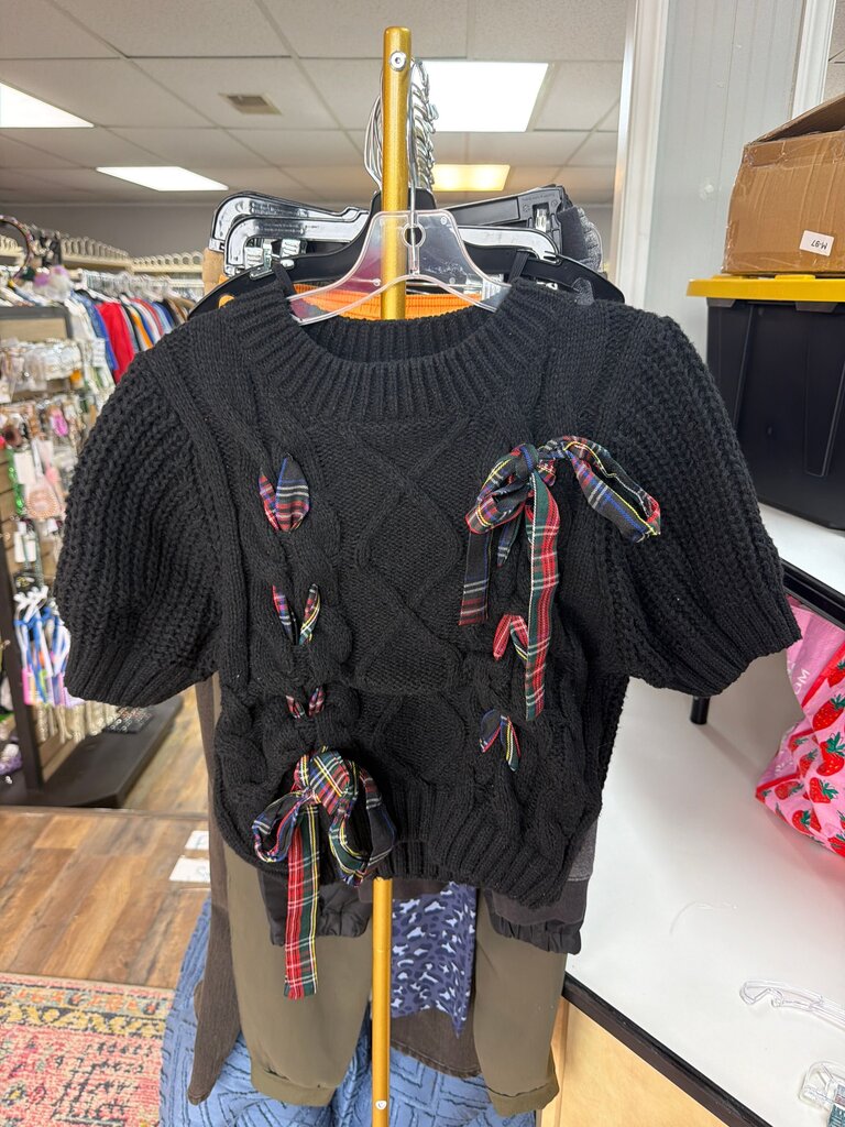 Entro Black Knit Sweater with Plaid Ribbons