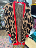 Leopard Print Open Cardigan with Red Trim